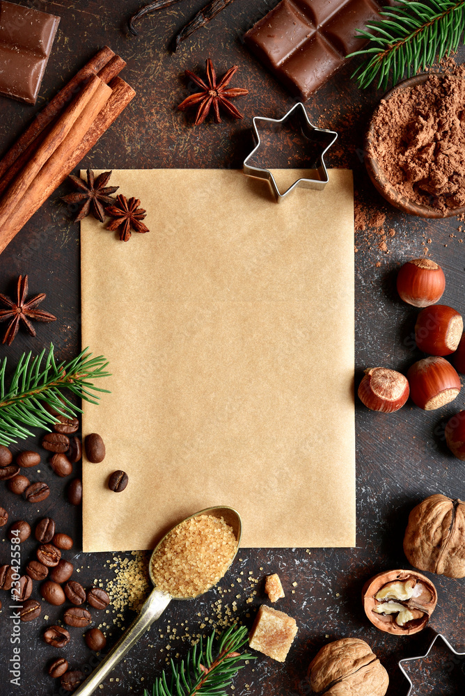 Food background with christmas spices.Top view with copy space.