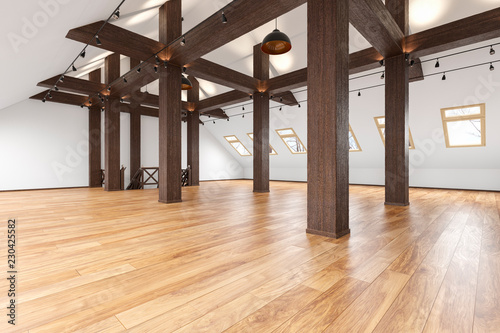 Attic loft open space empty interior with beams, windows, stairway, wooden floor. 3d render illustration mock up.