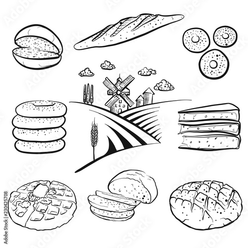 Set of hand drawn bakery products