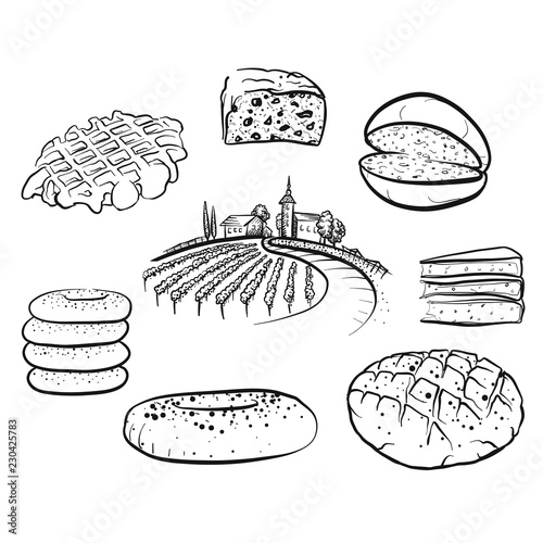 Set of hand drawn bread food icons