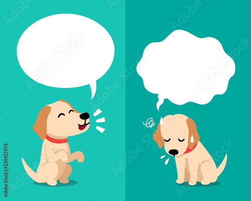 Vector cartoon character cute labrador dog expressing different emotions with speech bubbles for design.