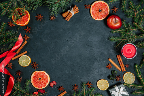 Christmas food frame on black stone background