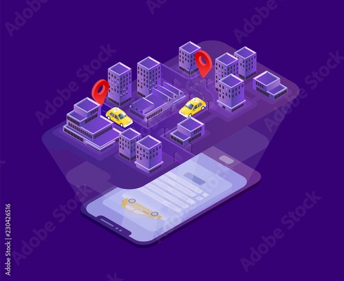 Modern smartphone lying on surface and projecting city map with taxi cars location indication