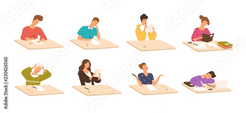 Collection of young boys and girls sitting at desks, reading books, writing school test, sleeping. Set of children or students preparing for exams. Colorful vector illustration in flat cartoon style. photo