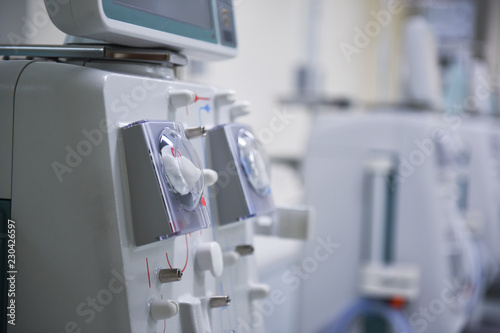 Kidney dialysis is connected to the kidney machine. Health care, dialysis, kidney transplant, medical equipment in Asian hospitals.