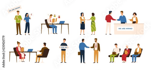 Collection of people taking part in recruitment or hiring process. Men and women sitting in line, talking during job interview, shaking hands. Colored vector illustration in flat cartoon style.