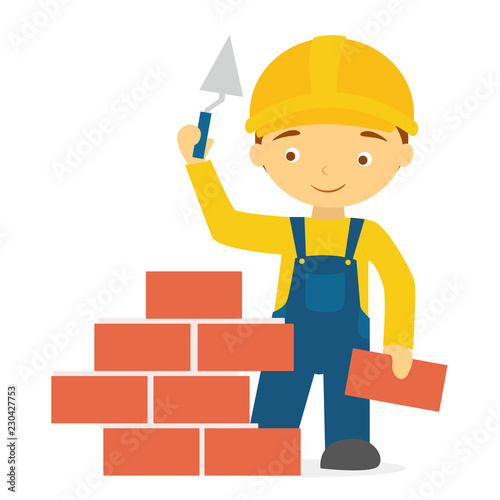 Cartoon smiling builder in uniform brick.Vector illustration for kids isolated on a white