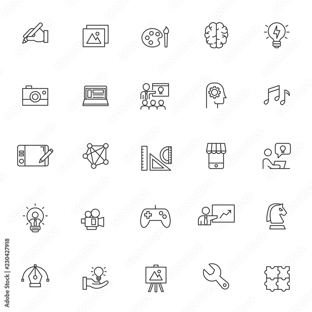 set of creativity icons with simple line concept, art, idea, vector eps 10