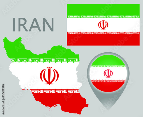 Colorful flag, map pointer and map of Iran in the colors of the Iranian flag. High detail. Vector illustration