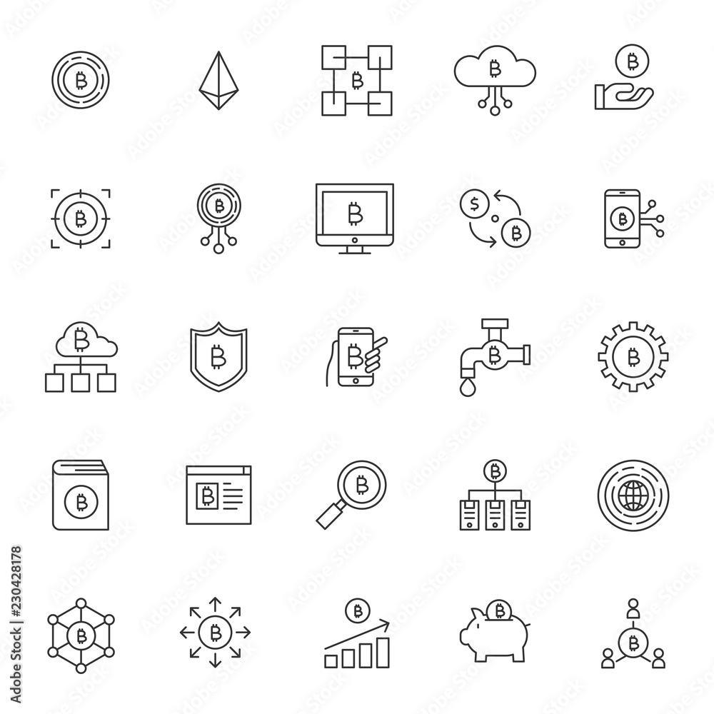 Basic RGBset of bitcoin technology system icons with simple thin line concept and editable stroke Basic RGBset of bitcoin technology system icons with simple thin line concept and editable stroke
