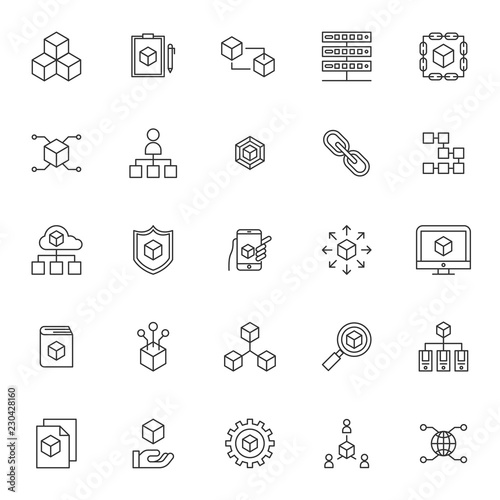 set of blockchain technology system icons with simple thin line concept and editable stroke