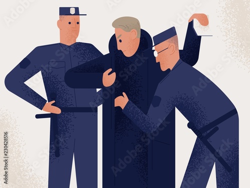 Two policemen dressed in uniform holding search male suspect or criminal. Man inspected by pair of police officers. Legal procedure, law enforcement. Flat cartoon characters. Vector illustration.