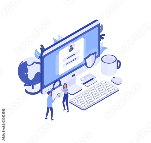 Large computer with access window on screen, pair of managers carrying padlock and protective shield. Personal data protection, digital information safety. Creative isometric vector illustration.