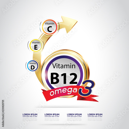 Nutrition Omega 3 and Vitamins Logo Label Vector Concept