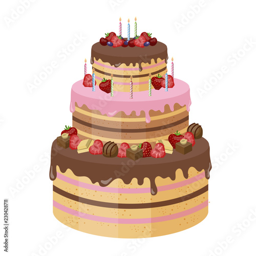 Big tasty cake with candle and berries for birthday