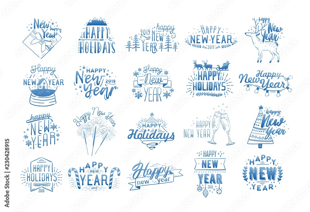Bundle of Happy New Year lettering written with calligraphic fonts and decorated with holiday elements - baubles, sparklers, clinking glasses, gift, snow globe. Monochrome vector illustration.