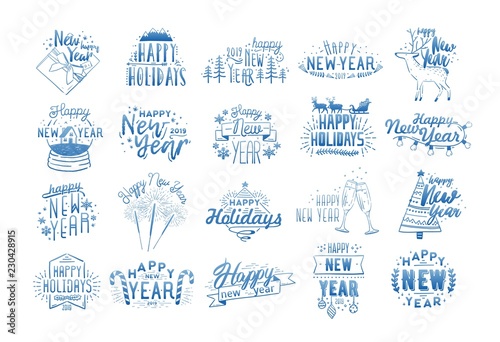 Bundle of Happy New Year lettering written with calligraphic fonts and decorated with holiday elements - baubles, sparklers, clinking glasses, gift, snow globe. Monochrome vector illustration.