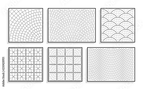 Set of seamless round pavement textures. Black and white patterns of stone material