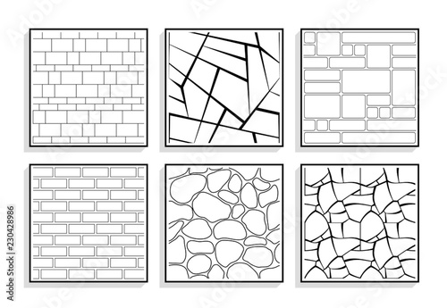 Set of seamless stone textures. Black and white patterns of brick material