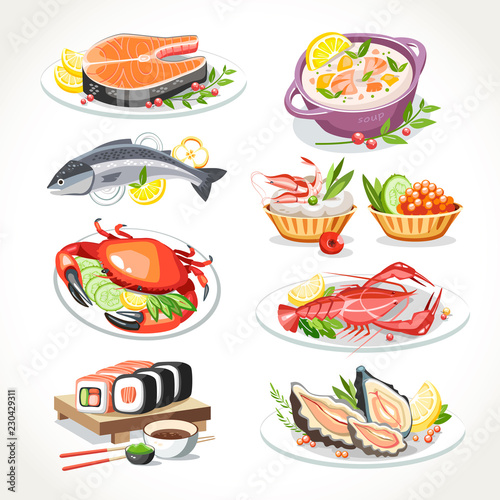 Seafood festive dishes set with salmon fish, lobster, crab, salmon soup, sushi oysters, tartlets