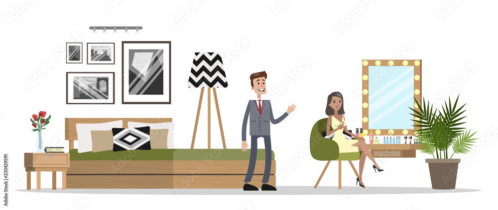 Bedroom interior in the house. Husband and wife in the room