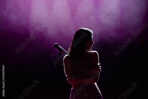 Silhouette of singer on stage. Dark background, smoke, spotlights © nagaets