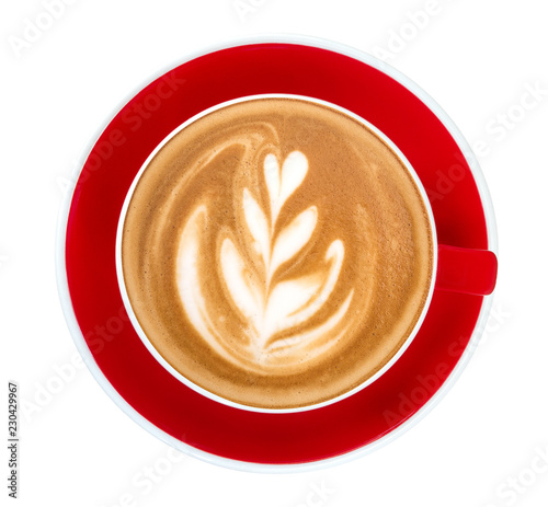 Hot coffee cappuccino latte art in red ceramic cup top view isolated on white background, clipping path included