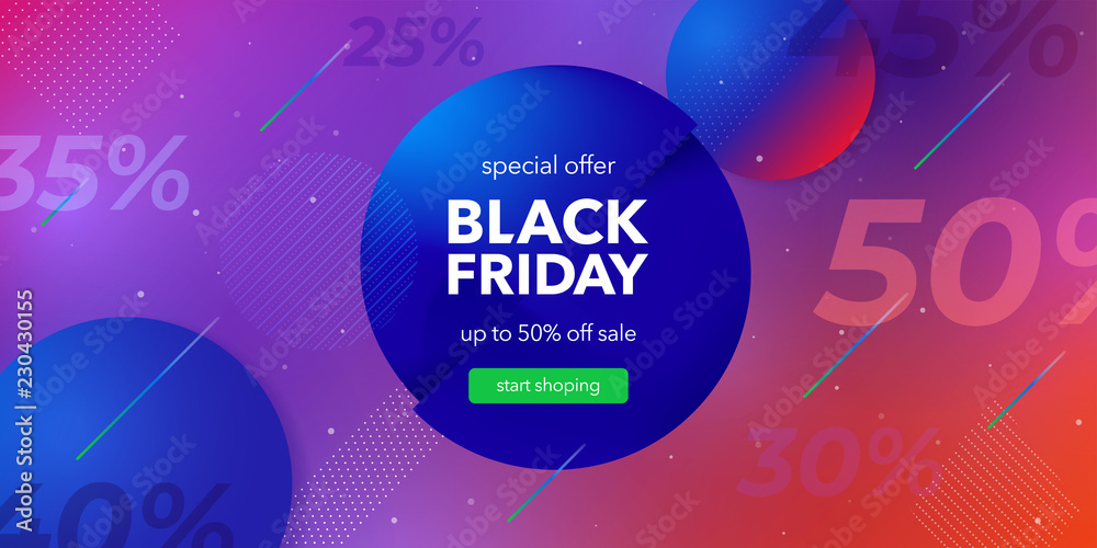 Black friday sale. Liquid color background design. Fluid gradient shapes composition. Social media web banner for shopping, sale, product promotion. Colored vector illustration in neon colors.