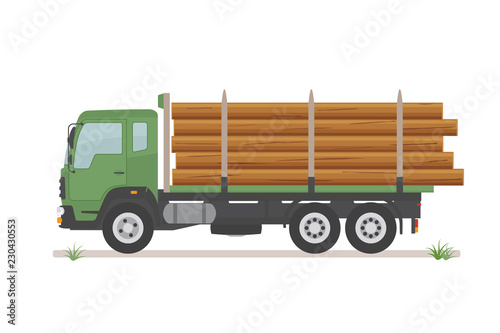 Logging truck on the road. Isolated on white background. Wood production and forestry. Vector illustration. 
