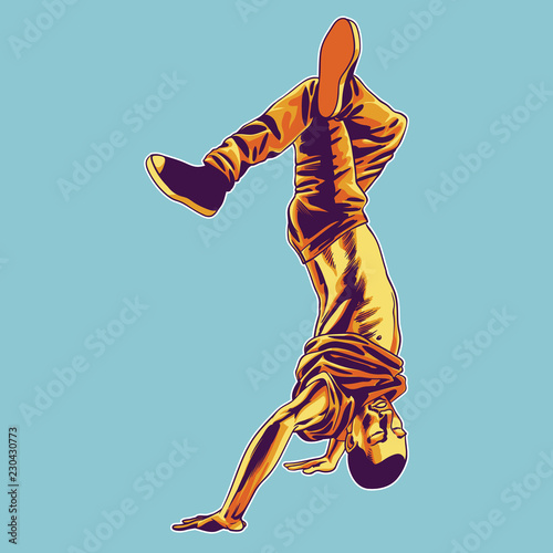 Hip hop dancing boy standing on his handsVector illustration on a blue background.