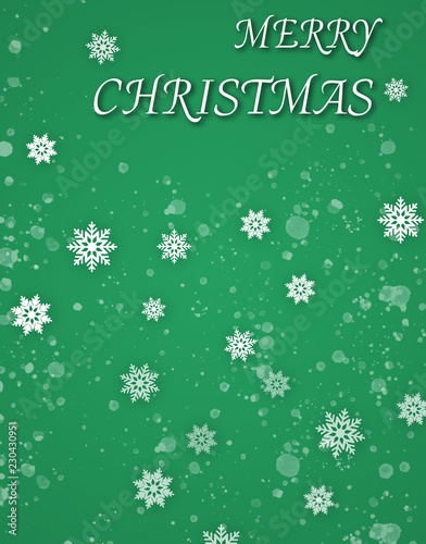The white merry christmas text and snowflake drop on green background for vertical image