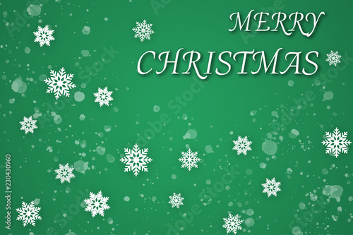 The white merry christmas text and snowflake drop on green background for horizontal image