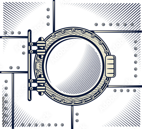 Monochrome ship porthole on metallic wall 