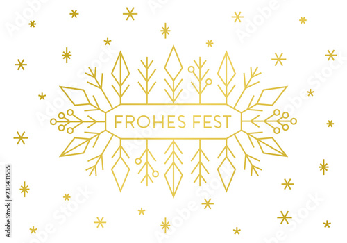Weihnachten, Grußkarte, Weihnachtskarte, goldene geometrische Formen auf weißem Hintergrund mit Text Frohes Fest
