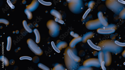 Bacteria under the microscope. Escherichia. E. coli. Black background with blurred particles. Close up. 3D rendering