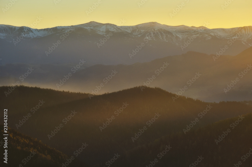 autumn evening in the Carpathian mountains. scenic slope at sunset