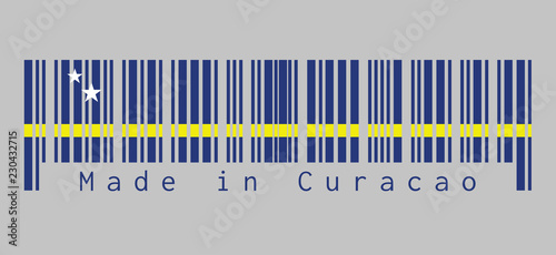 Barcode set the color of Curacao flag, blue field with a horizontal yellow stripe slightly below the midline and two white stars. text: Made in Curacao, concept of sale or business.