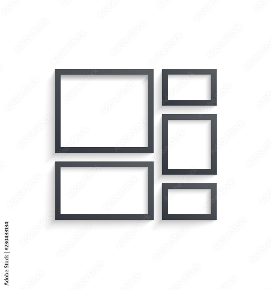 Wall picture frame templates isolated on white background. Blank photo frames with shadow and borders and shadow vector illustration. Empty frame for photo or image picture in museum