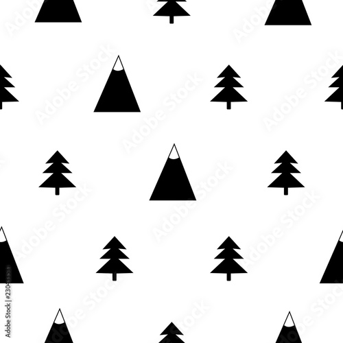 Seamless pattern with black firs and mountains on the white background.