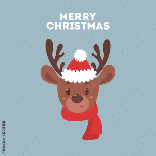 Cute christmas brown reindeer head with red scarf