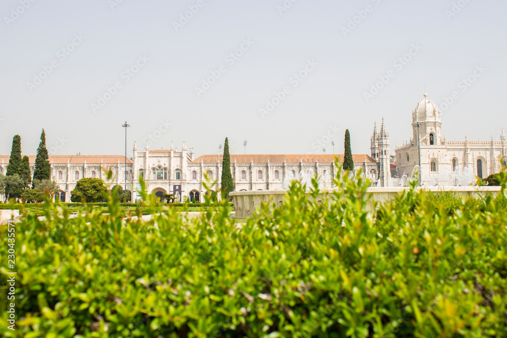 View of Jeronimos Monastery from the garden in Lisbon, Portugal