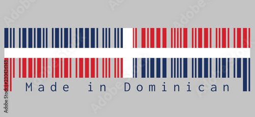 Barcode set the color of Dominican flag, A white cross into four rectangles, blue and red at the top and red and blue at the bottom. text: Made in Dominican, concept of sale or business.