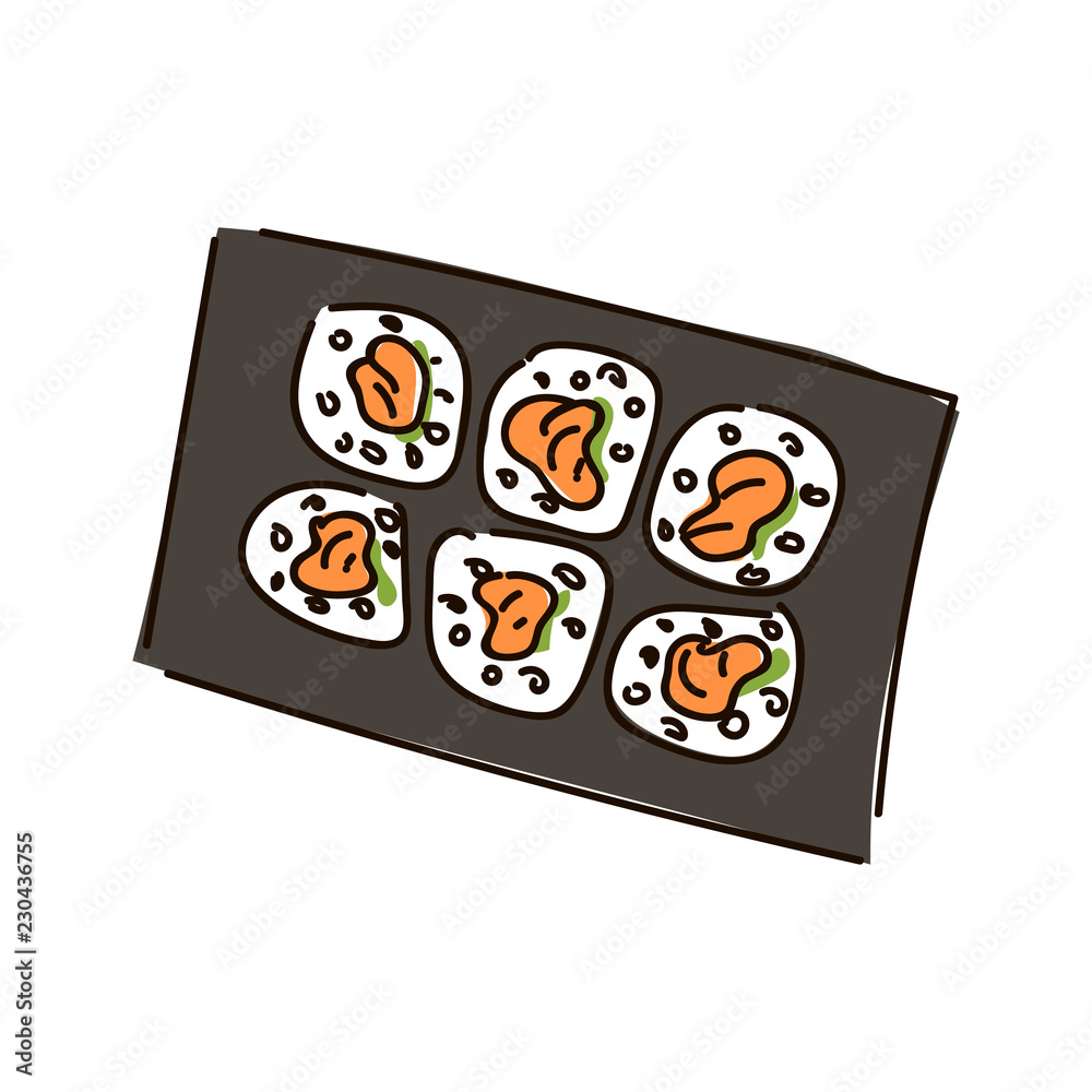 Multiple sushi rolls on white background