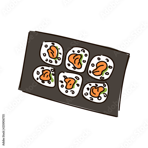 Multiple sushi rolls on white background