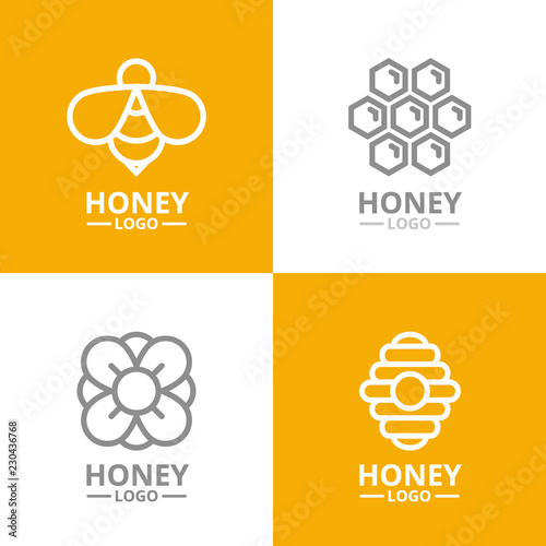 Set of retro vintage honey and bee, flower, honeycomb, hive logo or insignia, emblems, labels and badge.