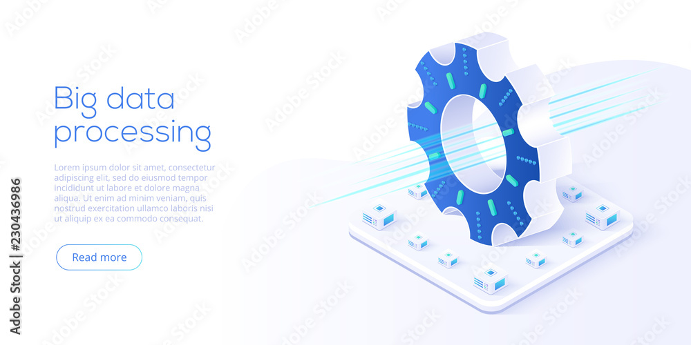 Big data technology in isometric vector illustration. Information storage and analysis system. Digital technology website landing page template. - obrazy, fototapety, plakaty 