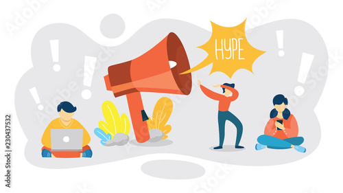 Hype concept. People stand around big megaphone