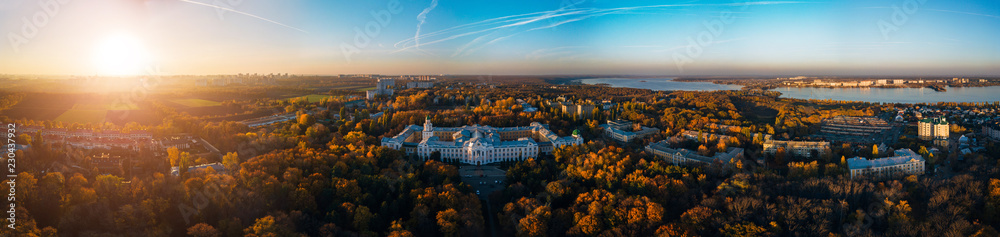 Aerial panoramic view of Voronezh in autumn evening from height of drone flight