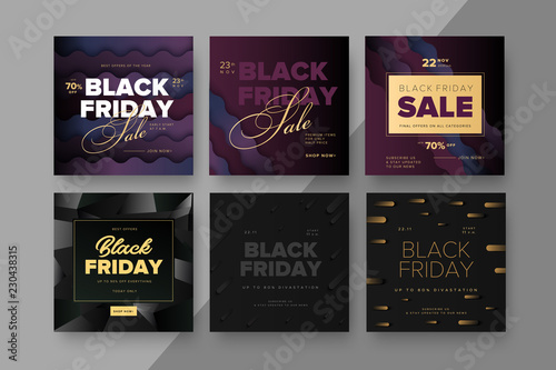 Black Friday modern promotion square web banner for social media mobile apps. Elegant sale and discount promo backgrounds with abstract pattern. Email ad newsletter layouts.
