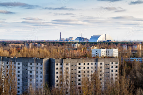 View from roof of 16-storied apartment house in Pripyat town, Chernobyl Nuclear Power Plant Zone of Alienation, Ukraine